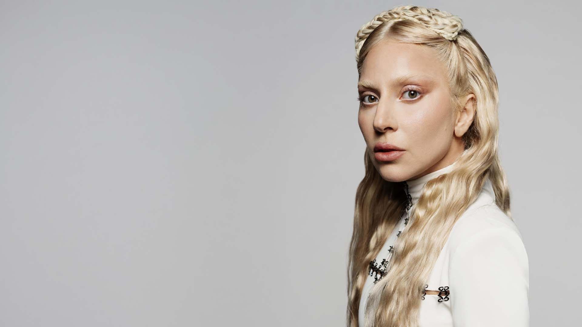 Lady Gaga with braided blonde hair, promotional portrait for My Songs. My Life.